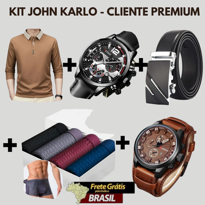 KIT JOHN KARLO -  CLIENTE PREMIUM [CAMISA COMPRIDA + RELÓGIO DEYROS + 8 CUECAS BOXERS + CINTO DE COURO + RELÓGIO DAUGAI CURREN ]
