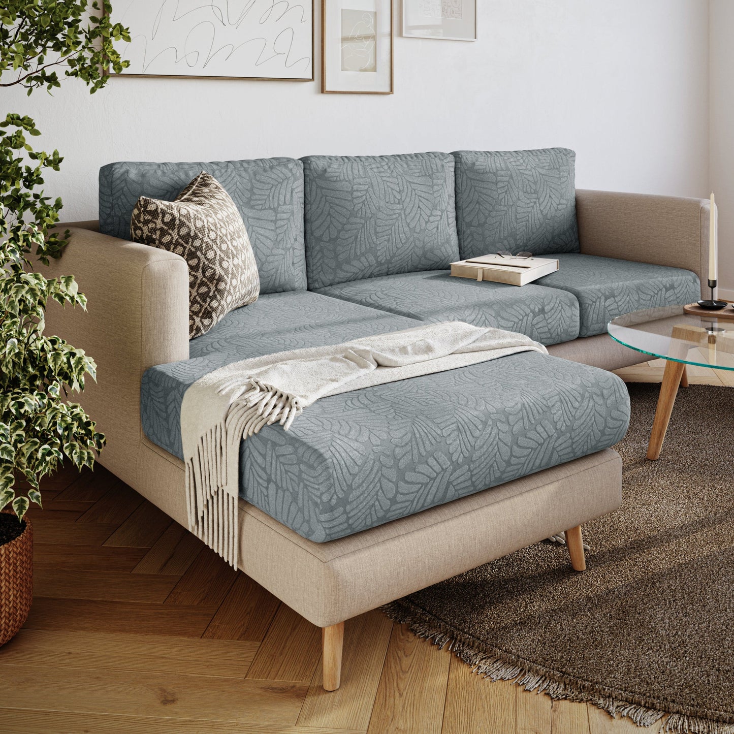 Capa de Sofá de Canto Soft Leaf - Cinza Claro