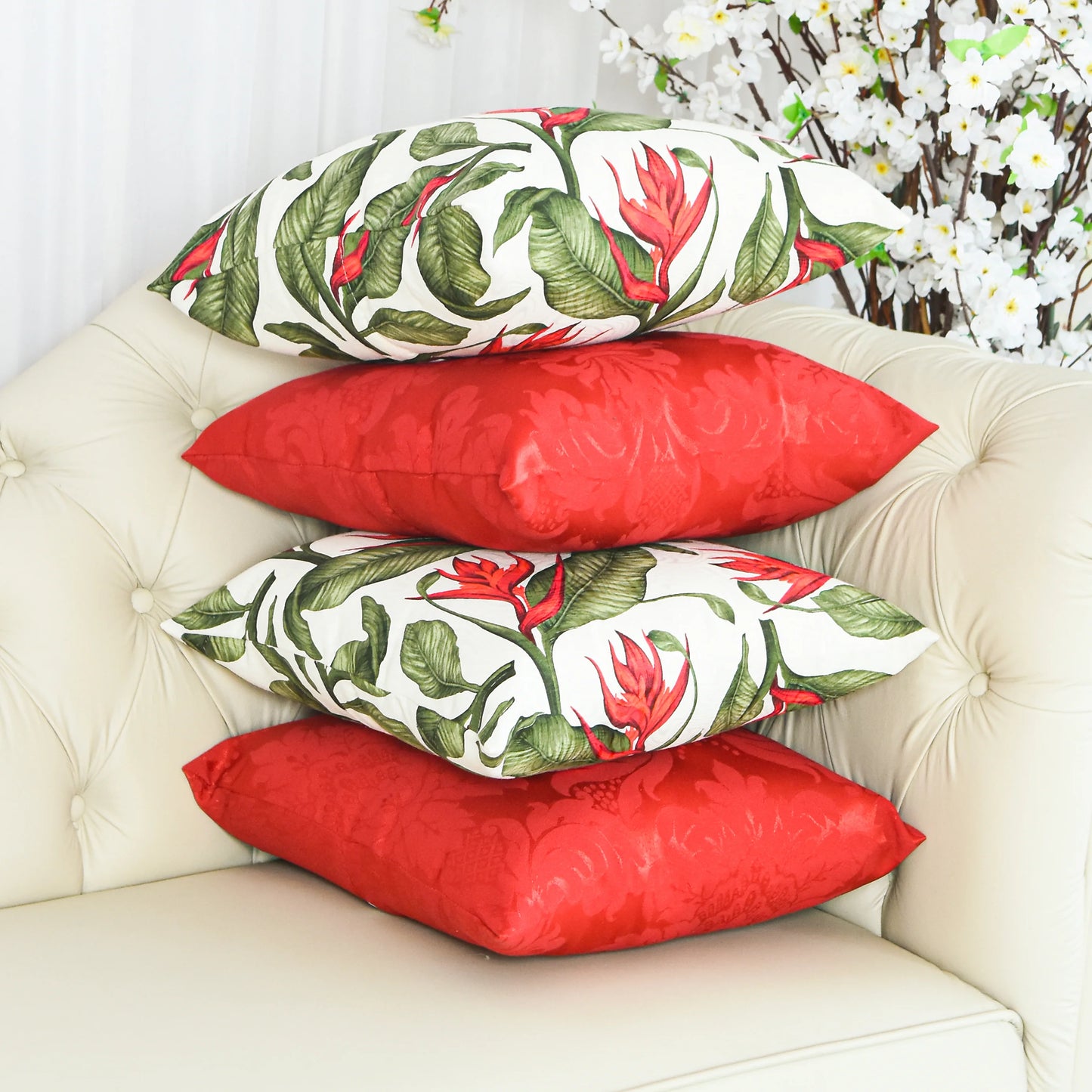 Kit 4 Capas De Almofadas Jacquard Premium - Flamingo com Vermelho