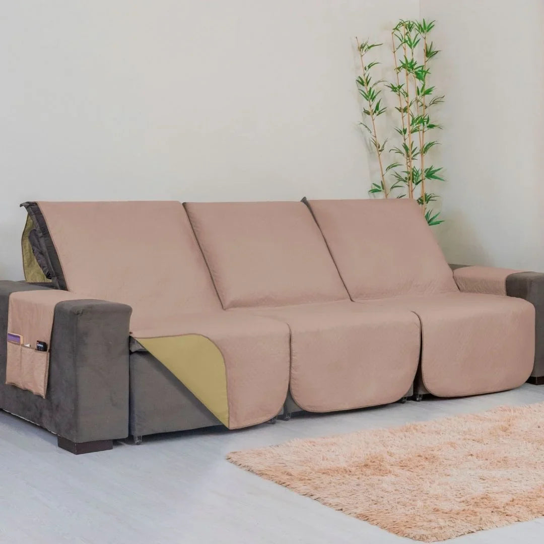 Protetor Sofá Retrátil 3 Módulos Impermeável Dupla Face Caqui-Palha